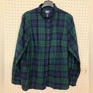 Lands' End Blue and Green, Black Watch Plaid Flannel Shirt, Ladies 1X.
